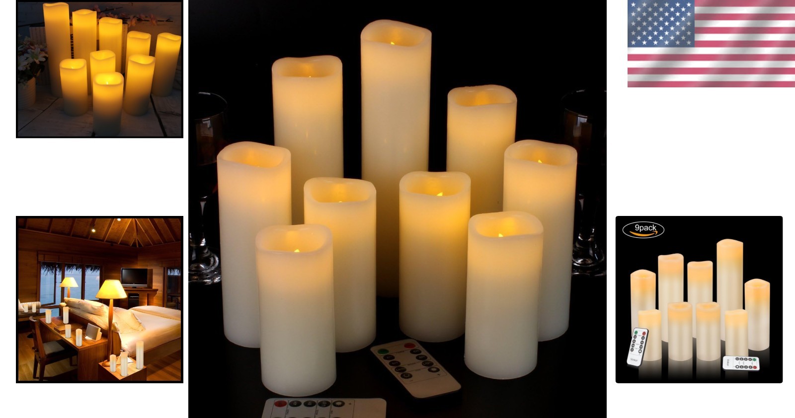 Set of 9 Cordless Ivory Flameless Pillar Candles with Remote Control & Timer