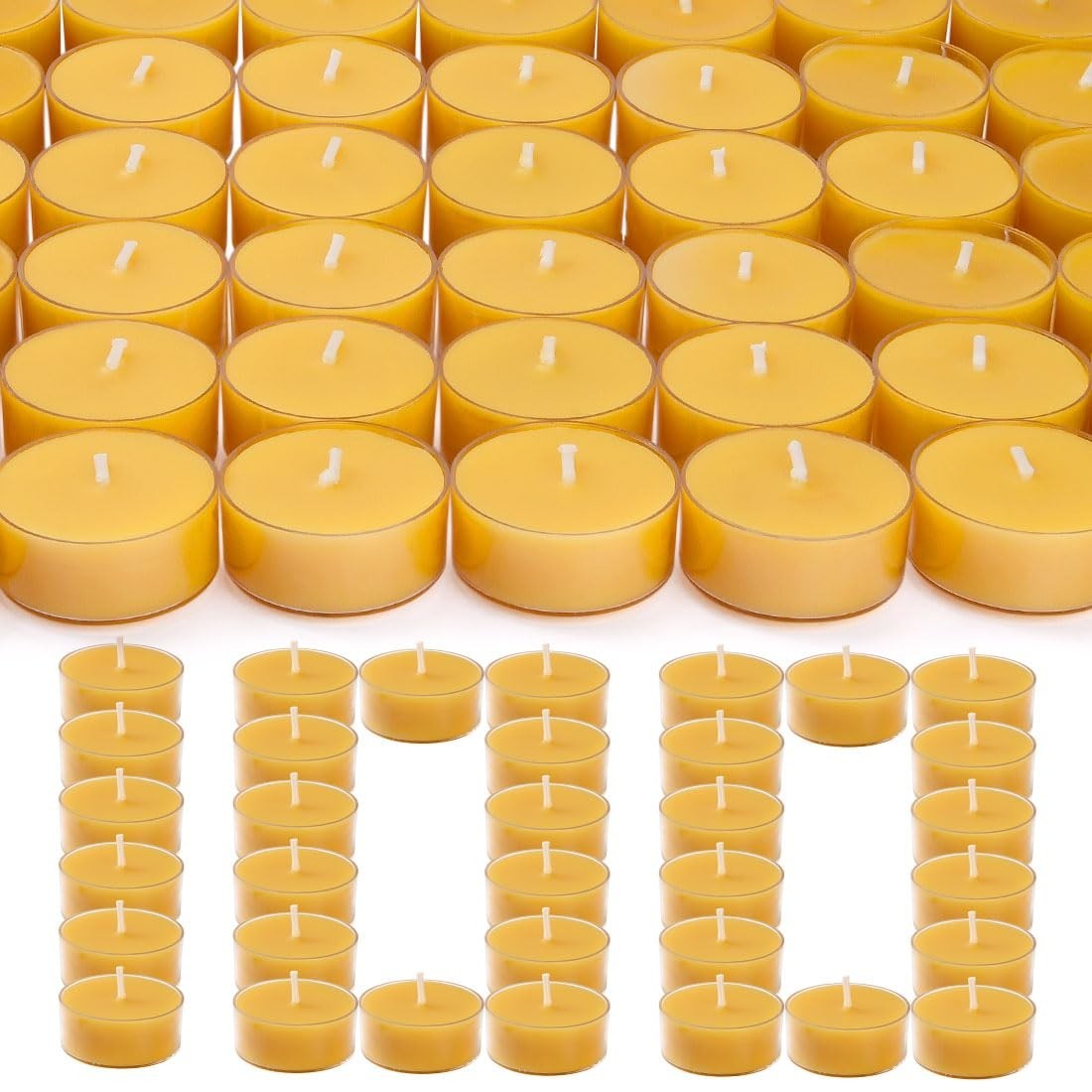 100 Pack Pure Beeswax Tealight Candles – Natural Unscented, Clean Burning, 4-Hou