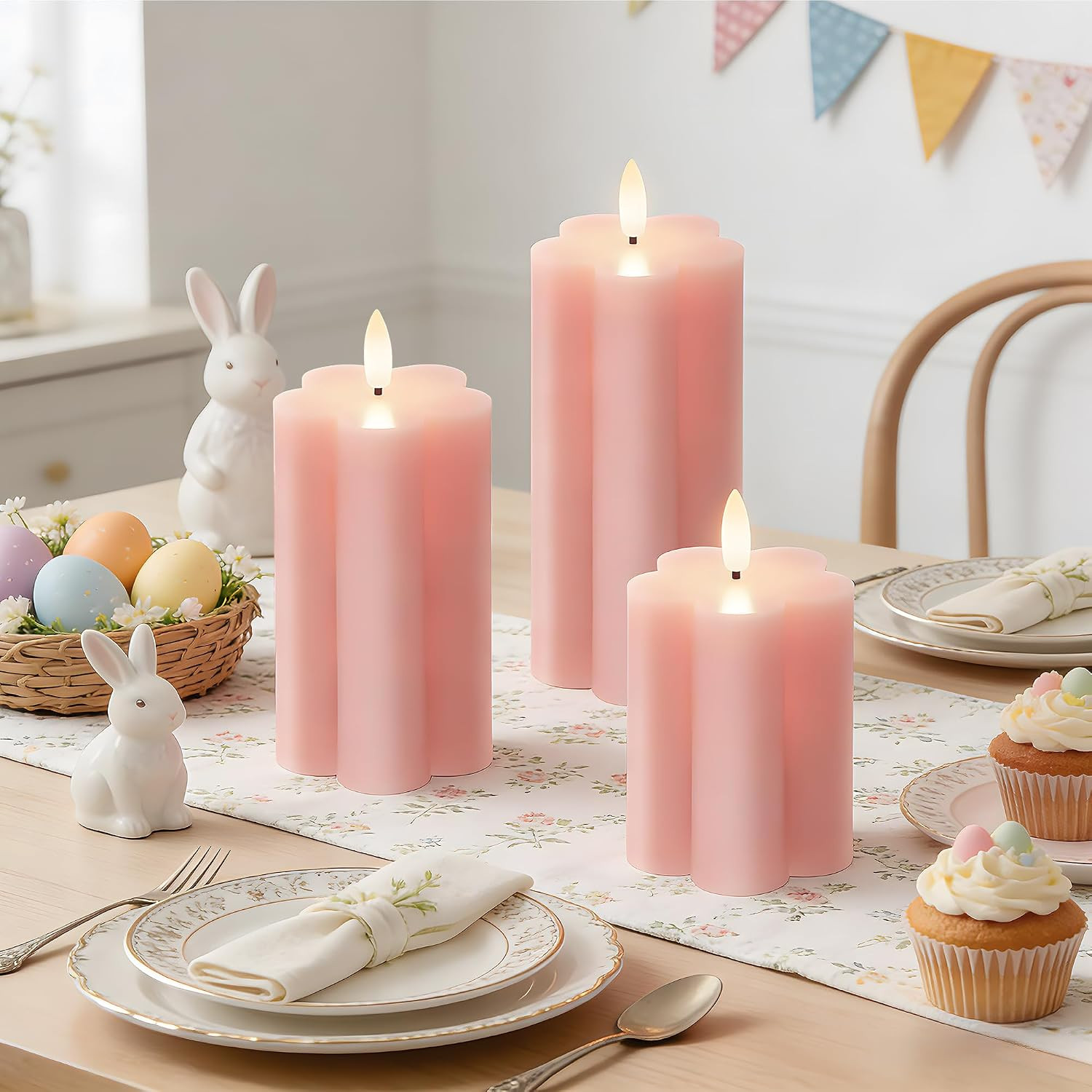 Pink Flower Flameless Candles with Remote and Timer Real Wax Made LED Pillar