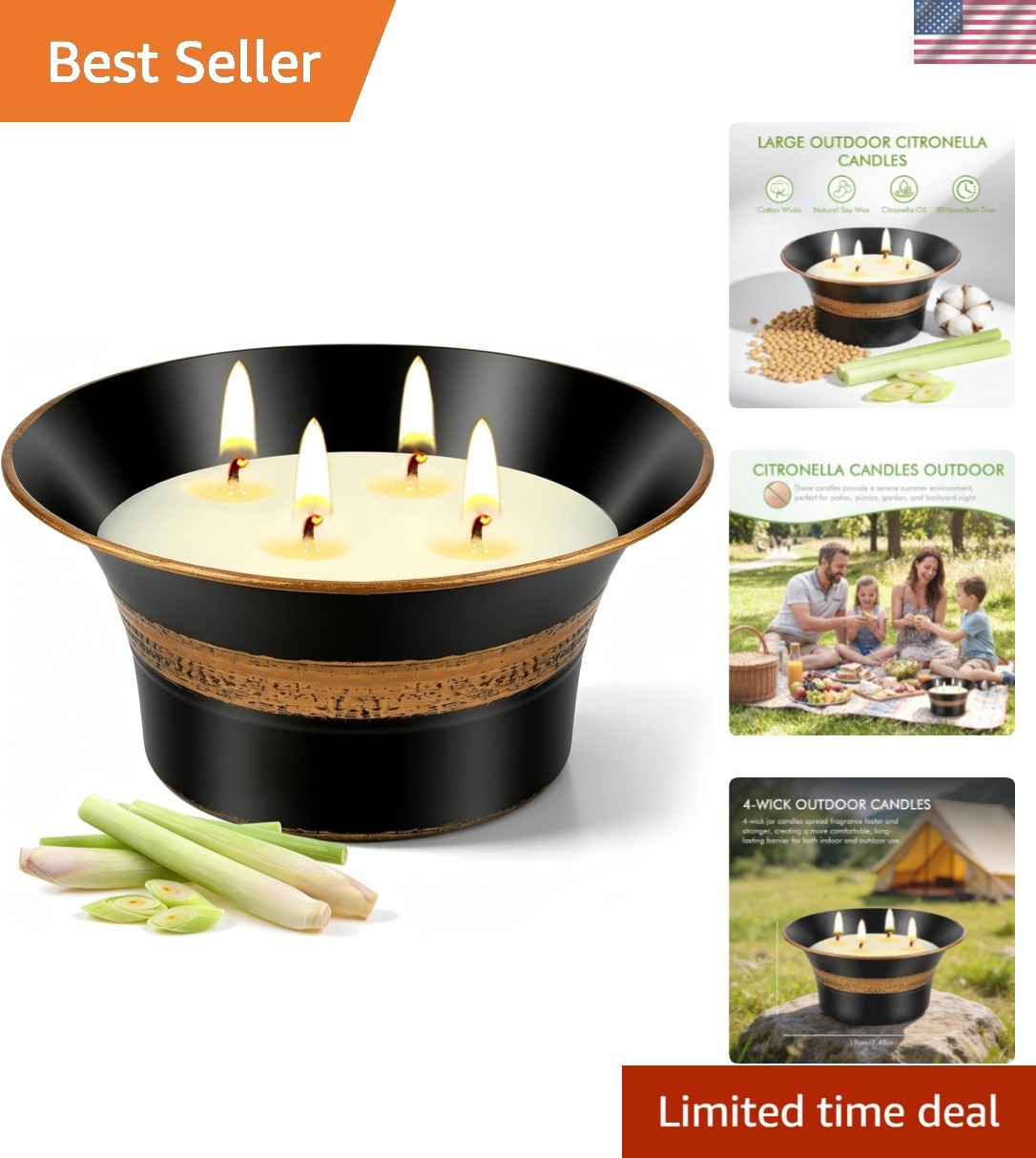 Citronella Candles Outdoor, 4 Wick Large Citronella Candle, 90 Hours Long Las…