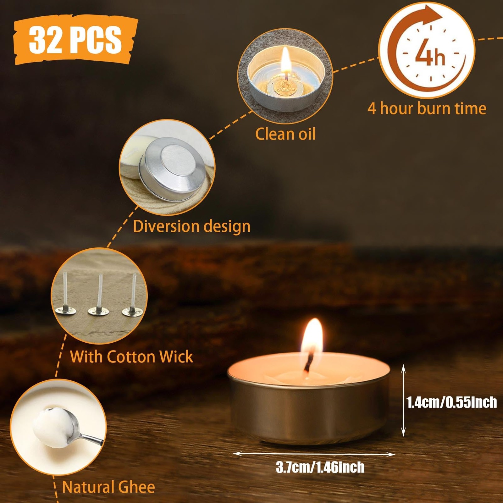Tea Light Candles 32Pcs, 4 Hour Long time 7 inches in diameter, 32Pcs-White