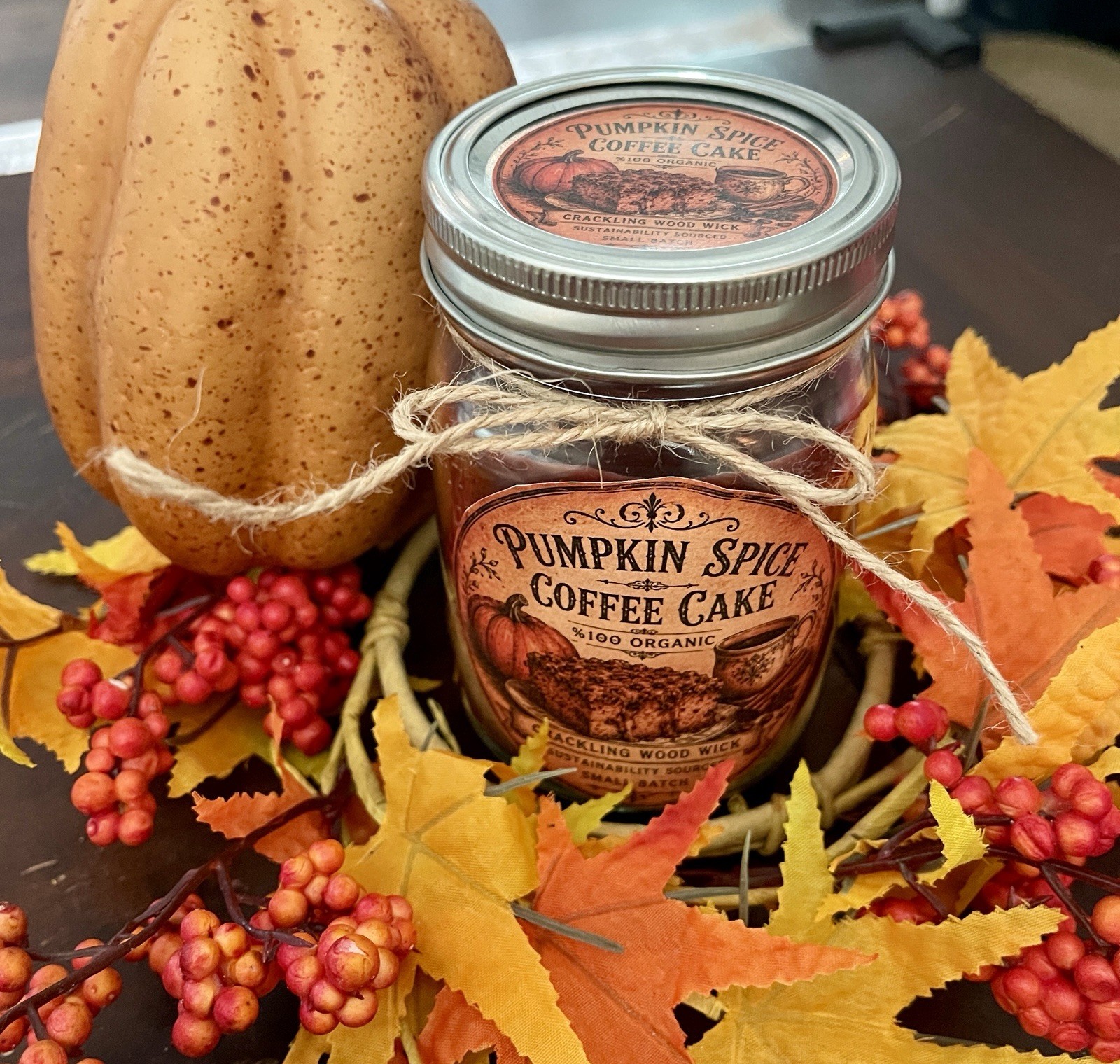 Organic Pumpkin Spice Coffee Cake Candle Crackling Wood Wick Highly Fragrant