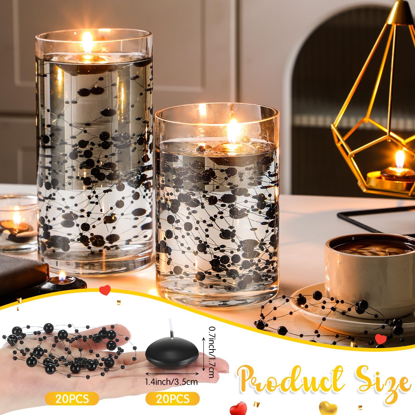 Fumete 40 Pcs Black Floating Candles with Pearl Strings