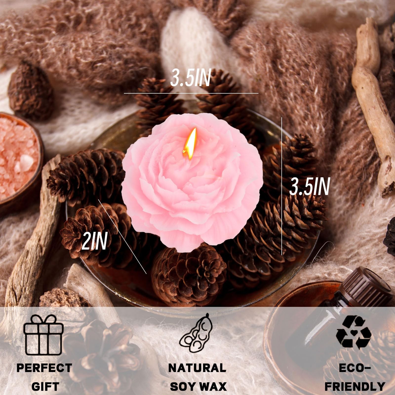 Pink Peony Flower Shape Soy Wax Decorative Candle, Scented Gift for Bedroom