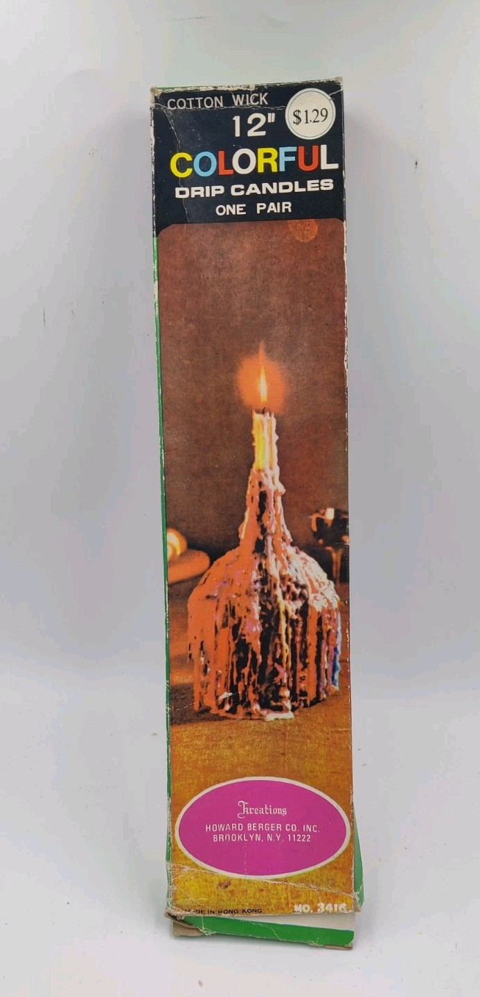 Vintage Colorful Rainbow Drip Taper Candles Cotton Wick Pair 12″ Unused *Cracked
