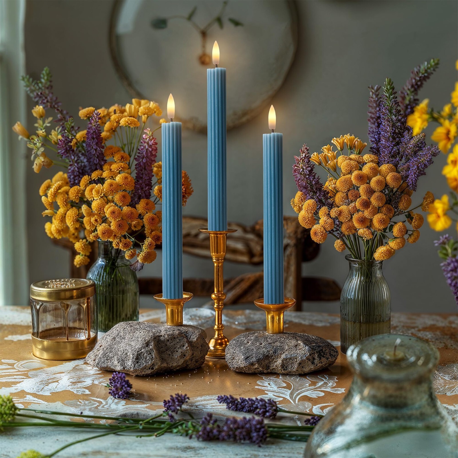 10″ Fluted Ribbed LED Blue Grooved Pillar Candles Remote & 24h Timer Memory
