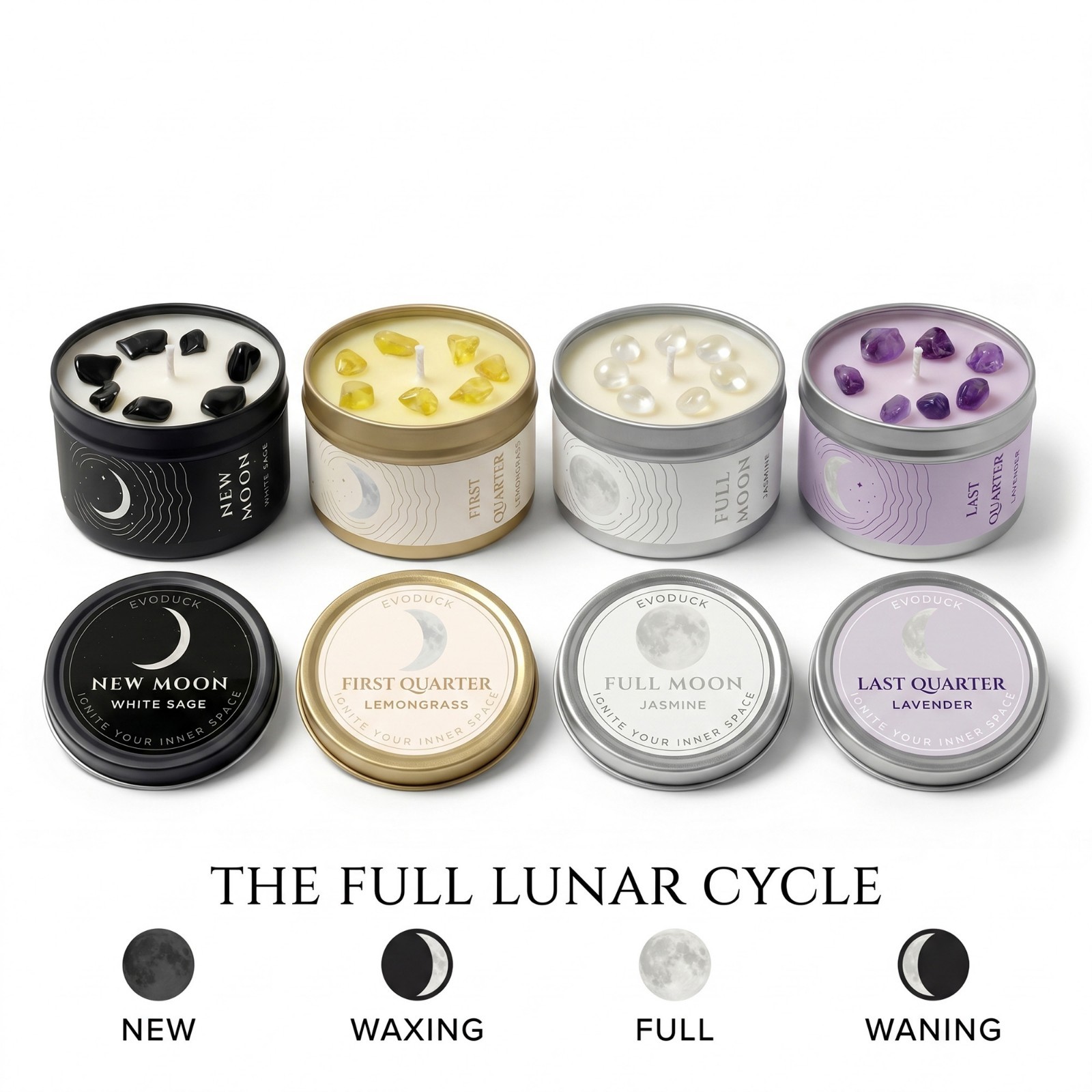 Moon Phase Candle Set 4 Crystal Soy Candles Witchy Celestial Gift Set