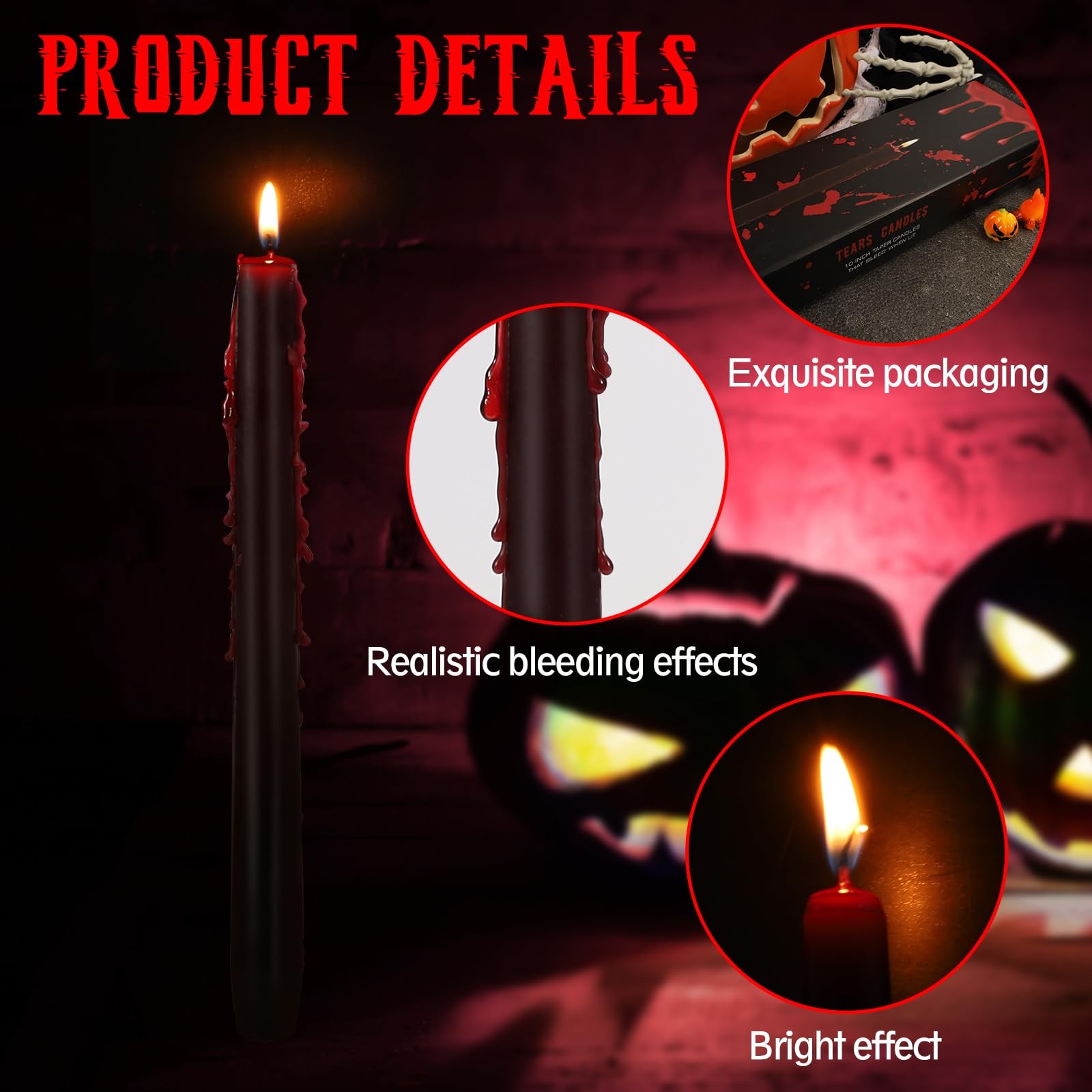 8 PCS Halloween Bleeding Taper Candles 10 Inch Black Tears Gothic Decoration