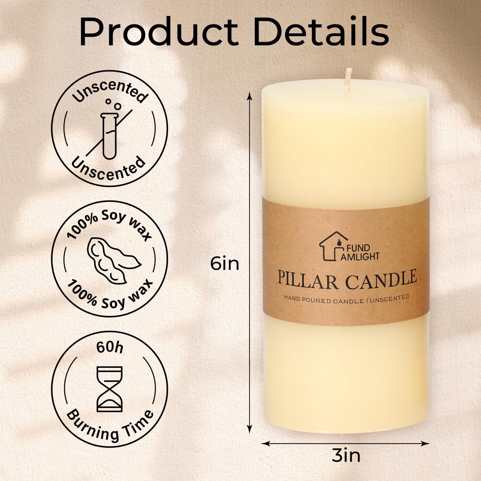 Set of 3 Ivory Pillar Candles 3×6 Inch – Unscented, Long Burning, Dripless for W
