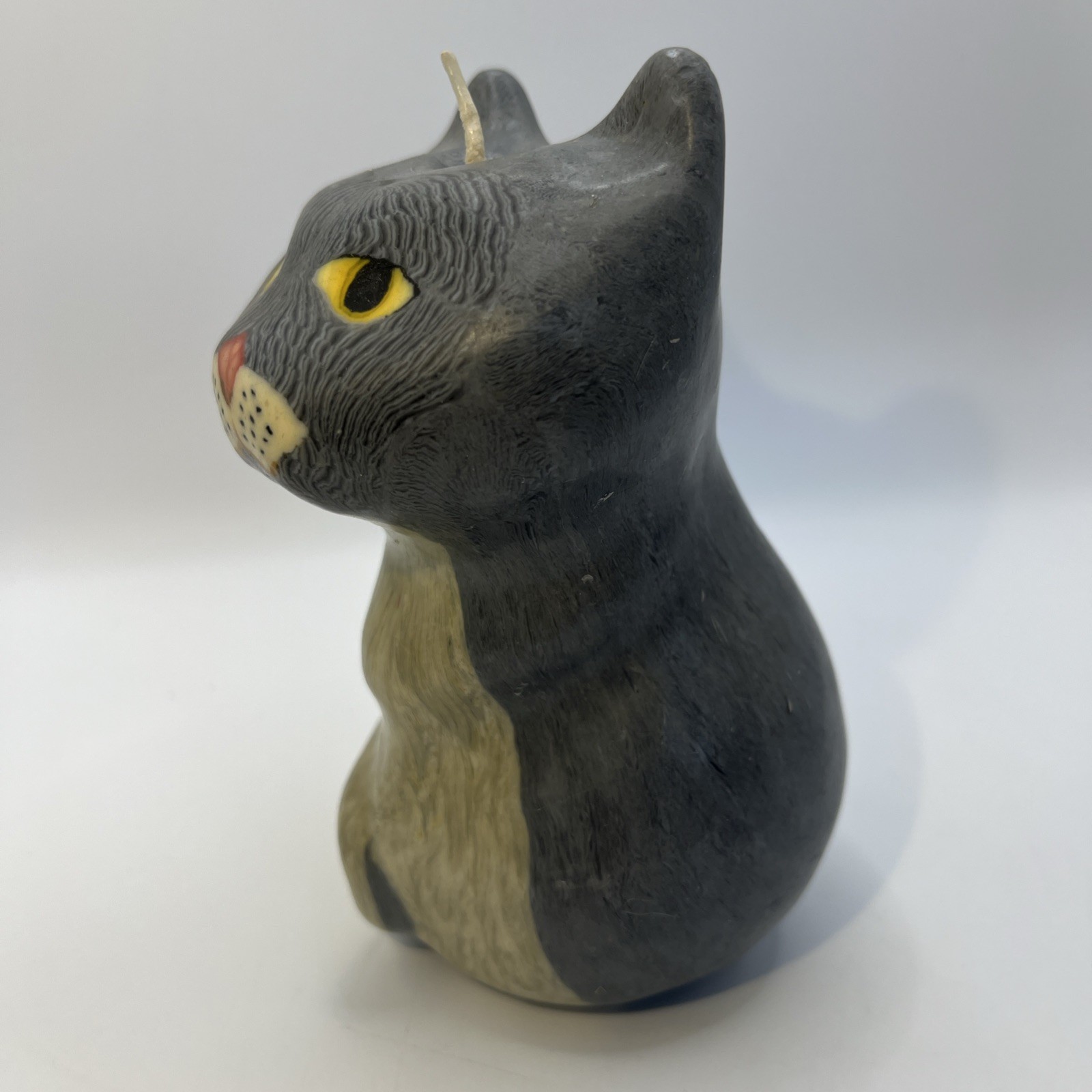 Vtg Gray Tuxedo Yellow Eye Cat Candle 5.5” Wax Figurine Pets Decor Collectible