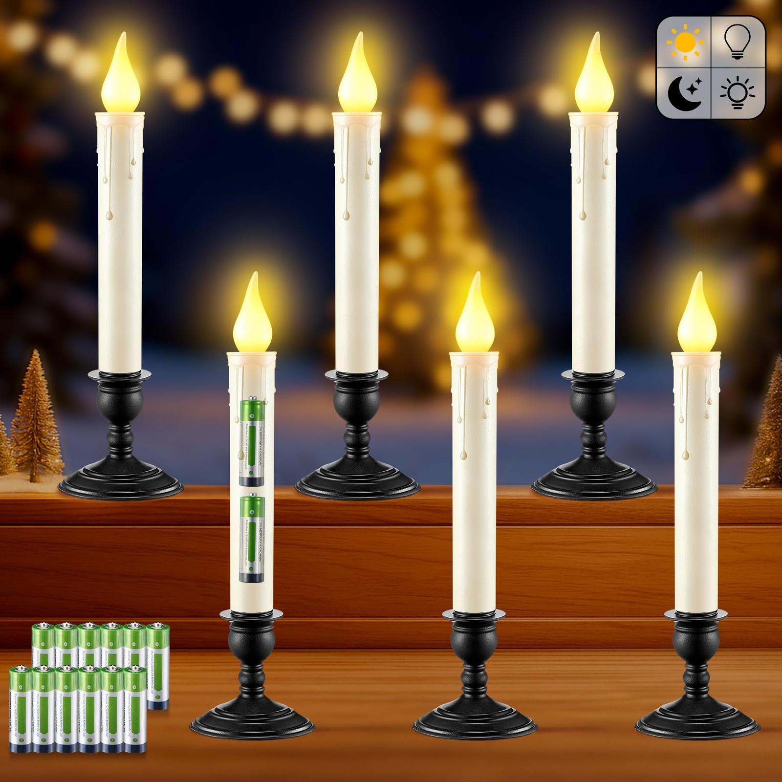 6 PCS LED Window Candle Dusk To Dawn Sensor Ivory Flameless Black Base