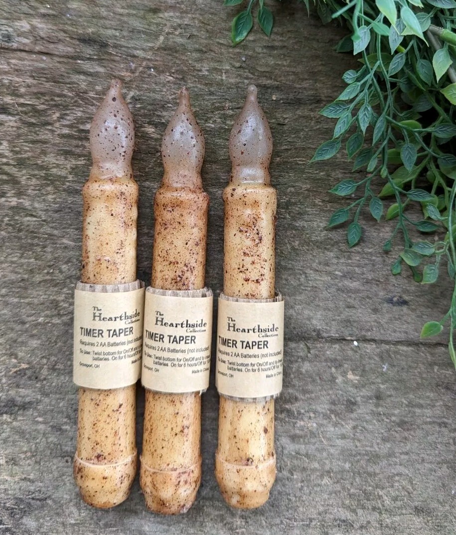SET 3 Burnt Ivory / Cinnamon Taper TIMER Candle 6″ battery operated Primitive