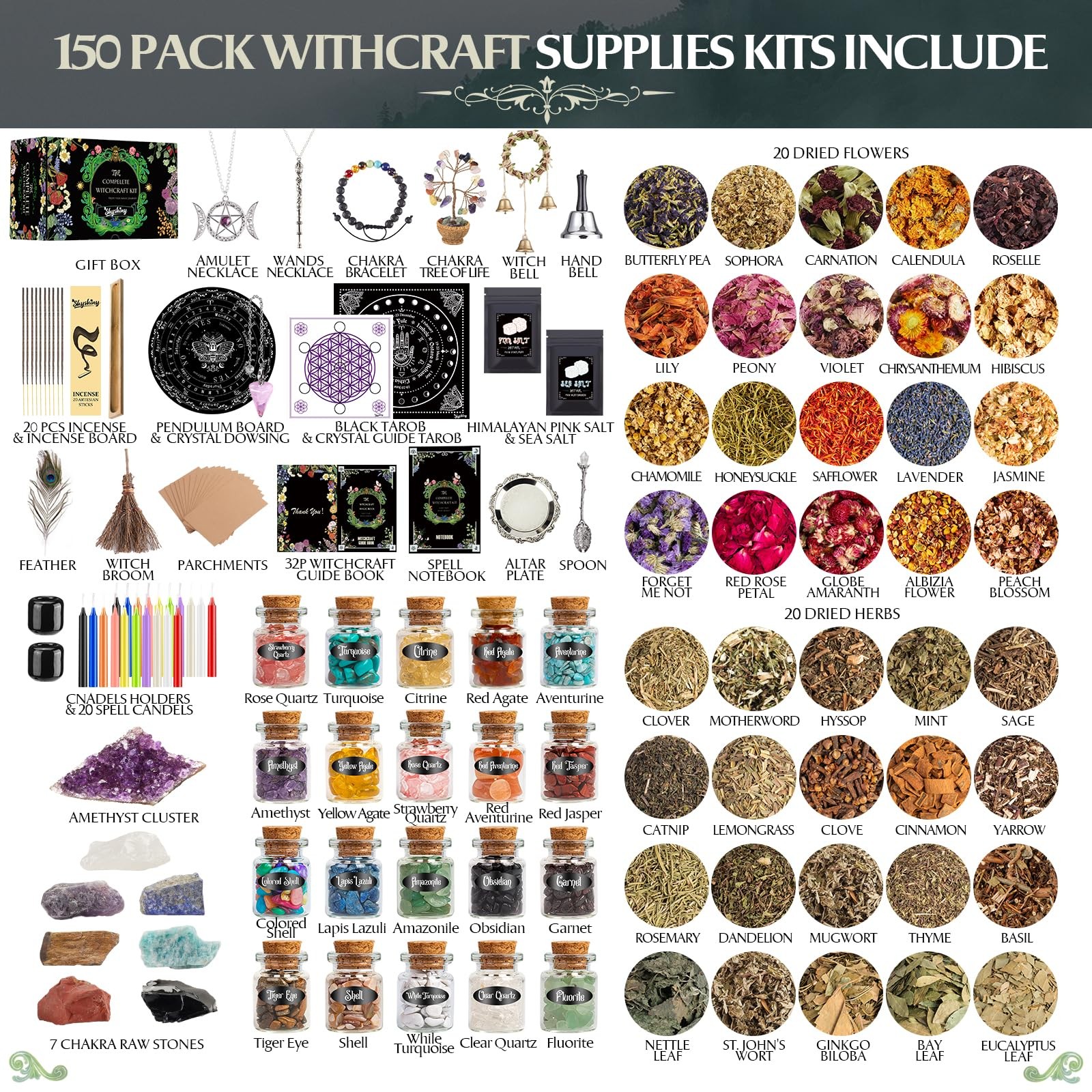 Witchcraft Kit: 150 Wiccan Supplies – Herbs, Crystals, Candles, Altar Tools
