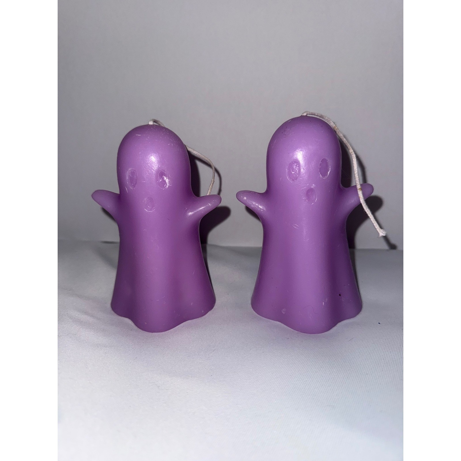 Purple Ghost Candles Set of 2 Halloween Spooky Decor Unscented Wax Pillars 3in