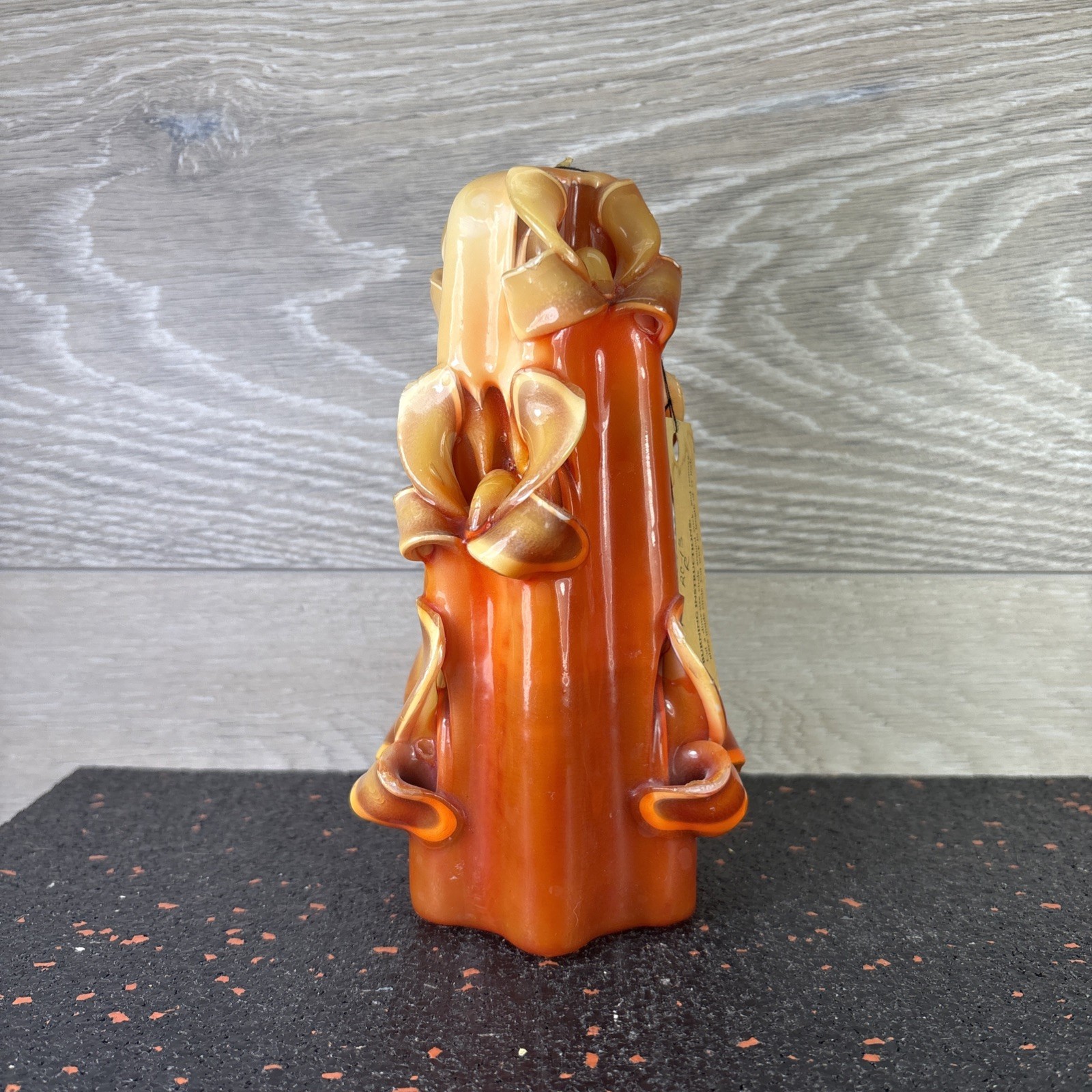 Vintage Candle Art Hand Carved Art Deco Theme, Beige Orange Brown 6” Tall