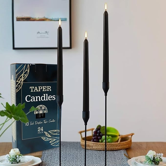 24 Pack Tall Taper candles-10 Inch Black Dripless Unscented Dinner Candle Sti…