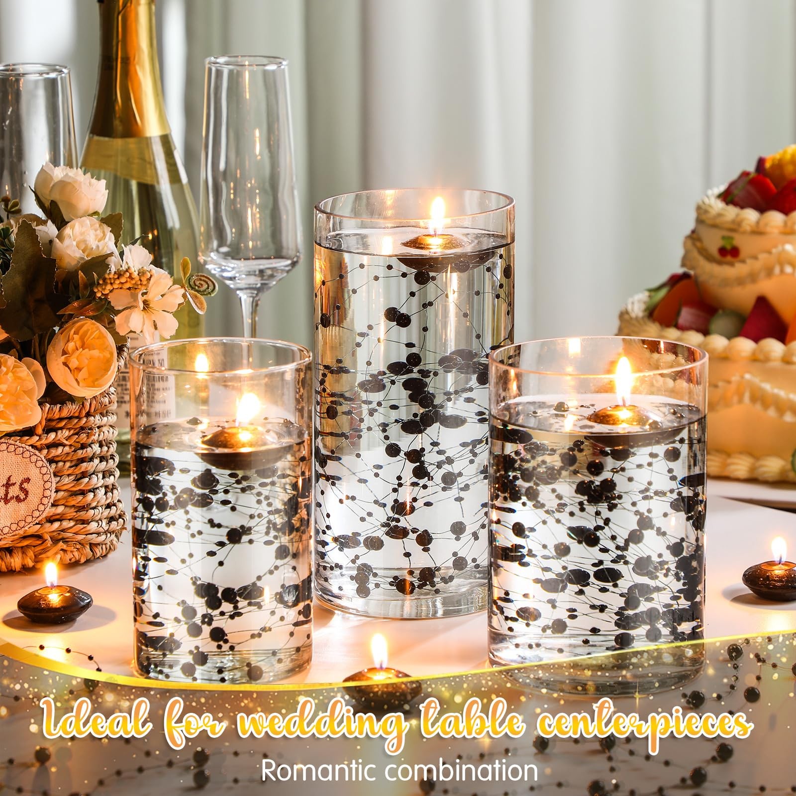 Fumete 40 Pcs Black Floating Candles with Pearl Strings