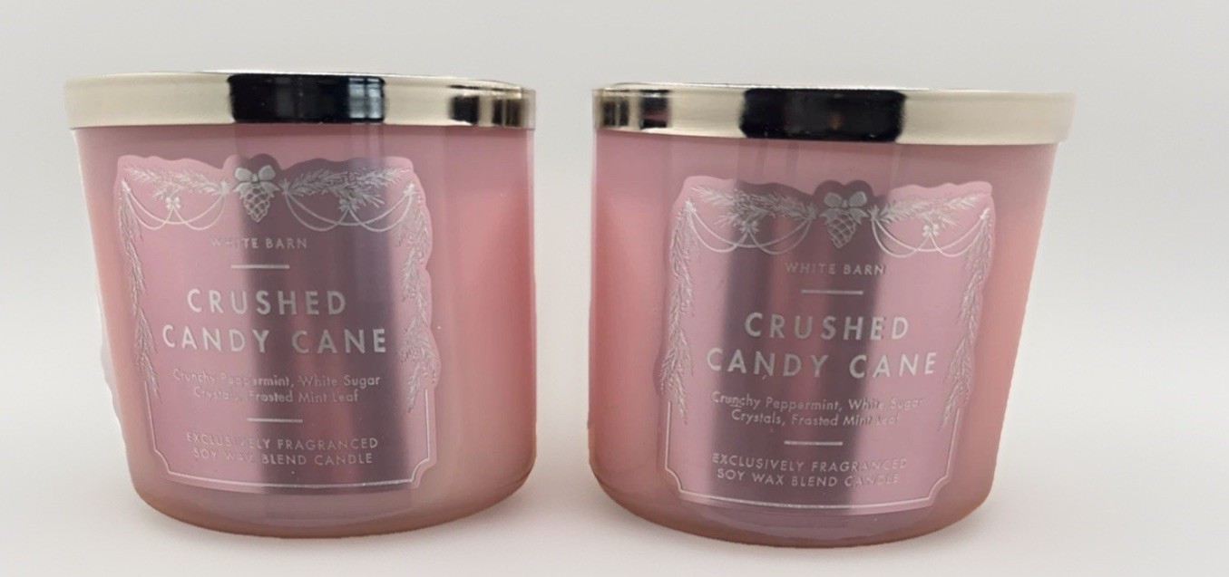 Qty 2 Bath & Body Works White Barn Crushed Candy Cane 3-Wick Candle