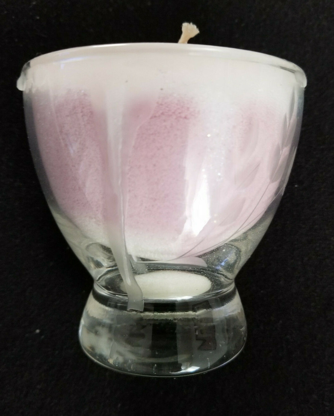 Vtg Handcrafted Wax Crystals Sparkle Candle in 1950’s Etched Glass – 3-1/2″ #2