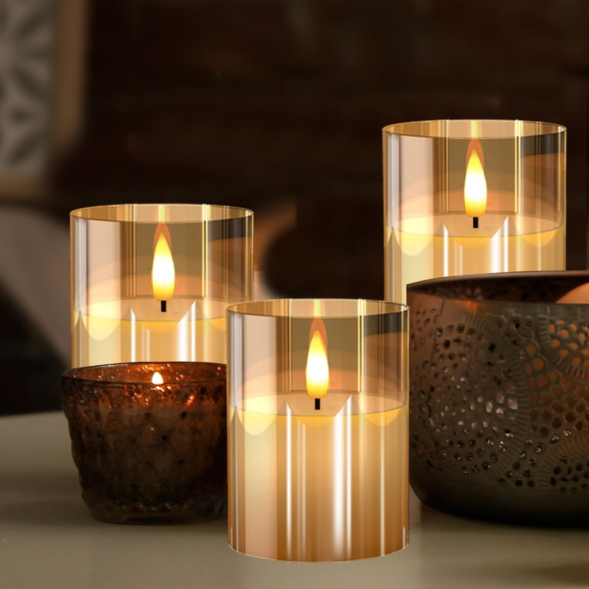 Glass Battery Operated LED Flameless Candles with Remote and Timer, Real Wax Can
