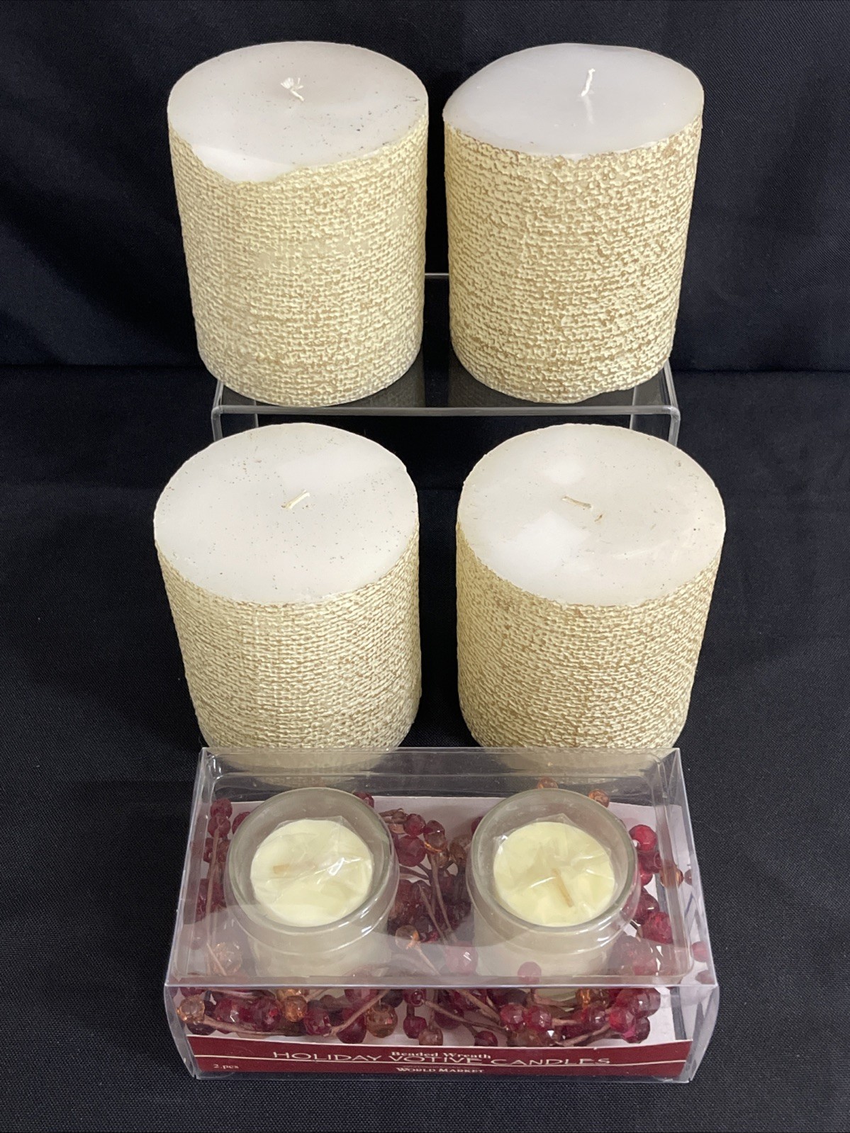 4 Vintage Pier 1 Ivory Beaded Pillar Candles 4×4 + 2 Votives Home Decor
