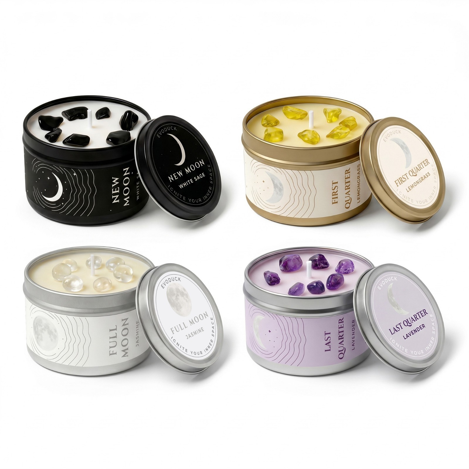 Moon Phase Candle Set 4 Crystal Soy Candles Witchy Celestial Gift Set