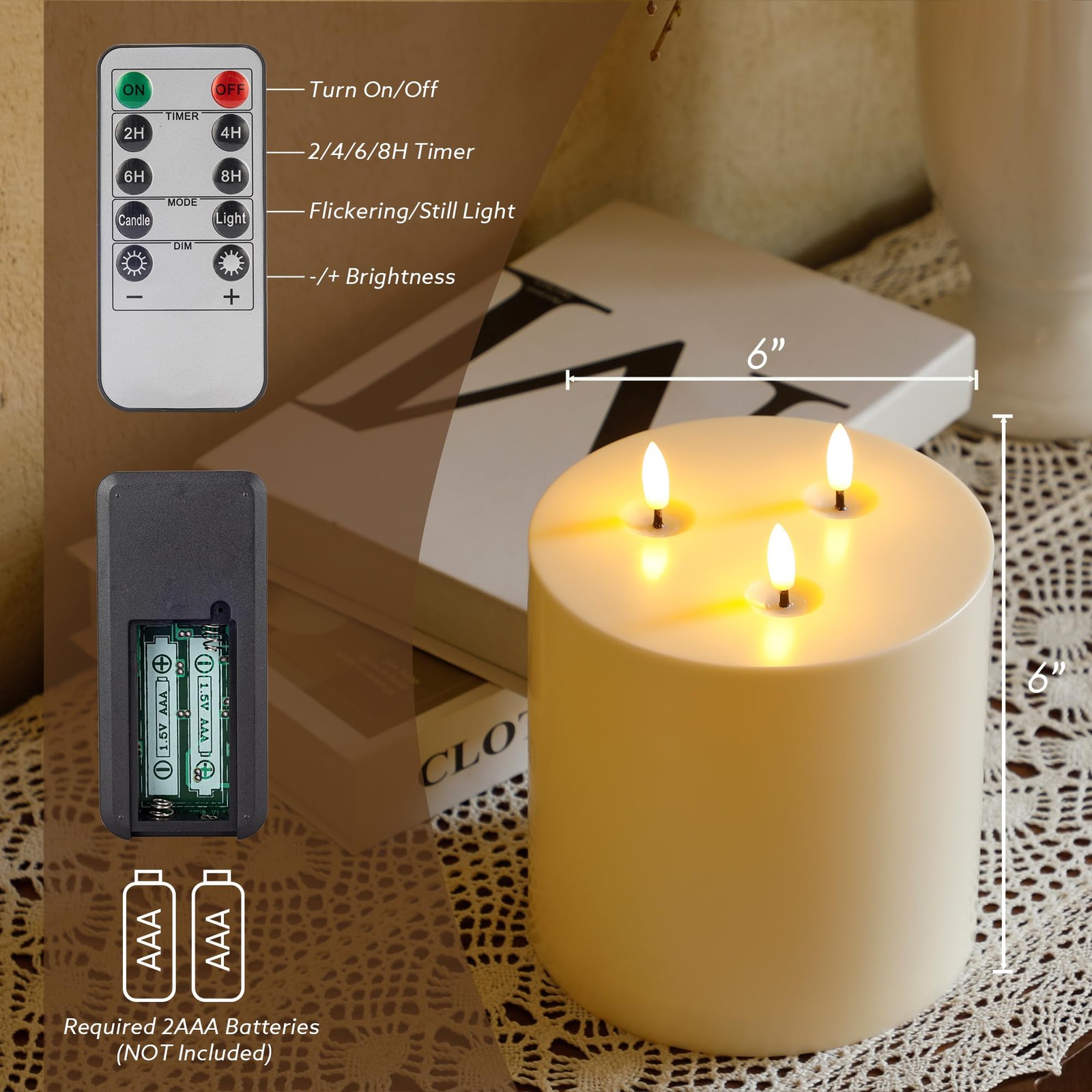 SEHNSY Ivory 6″ x 6″ Large Outdoor Waterproof Flameless Candle 3 Wick Plastic