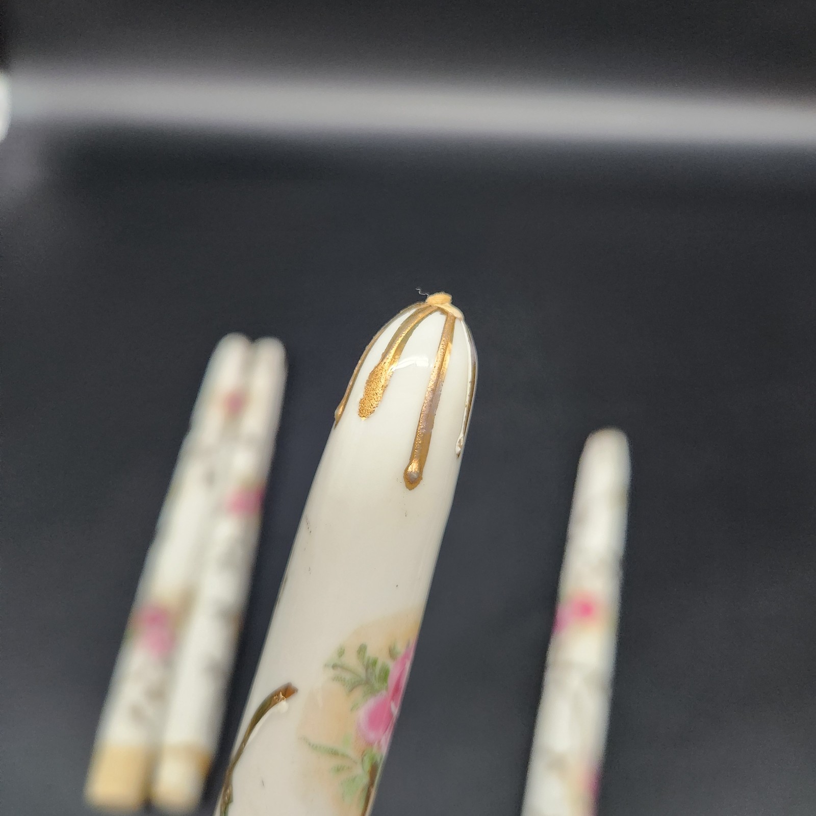 Set of 4 Antique? Porcelain Faux Taper Candles Hand Painted Floral Gold Accents