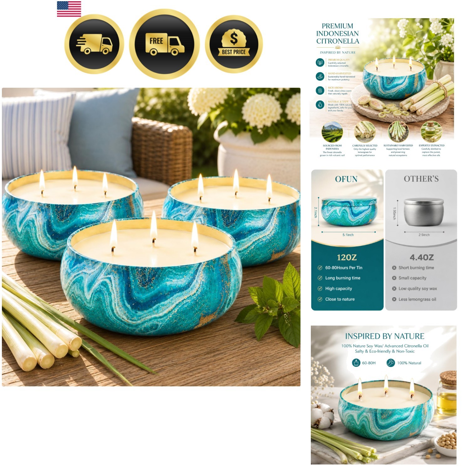 Large Citronella Candles Outdoor Decorative 36oz, 3 Wick Soy Wax Lemongrass C…