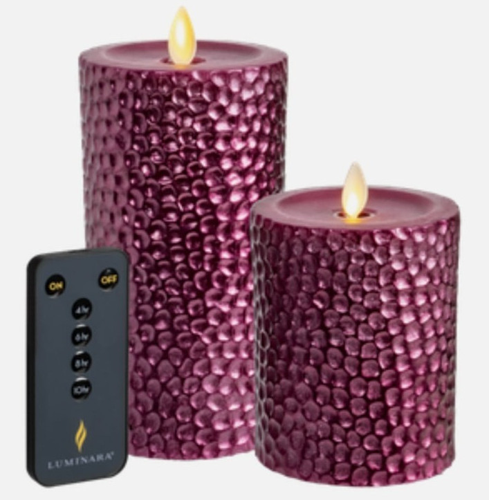 Luminara S/2 Flameless 4″& 6″ Metallic Hammered Pillar Set In PLUM – FREE SHIP