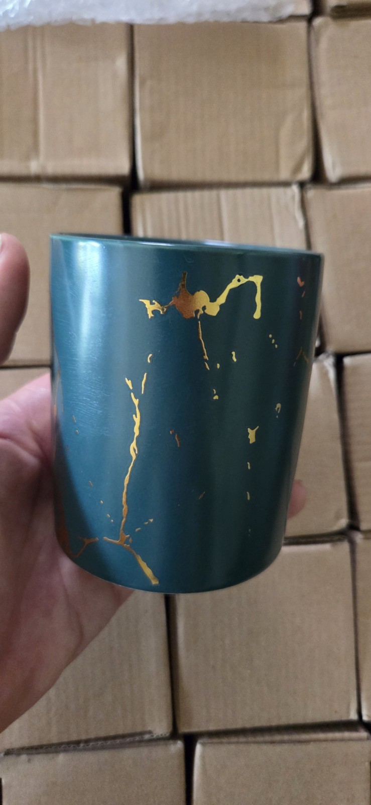 35 Ceramic Green Candle Containers w/ Gold Abstract Splatter Design, 8fl Oz