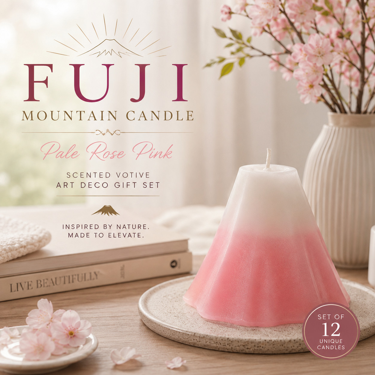 FUJI Mountain Candle Votive Pale Rose Pink Scented Art Deco Gift Set of 12
