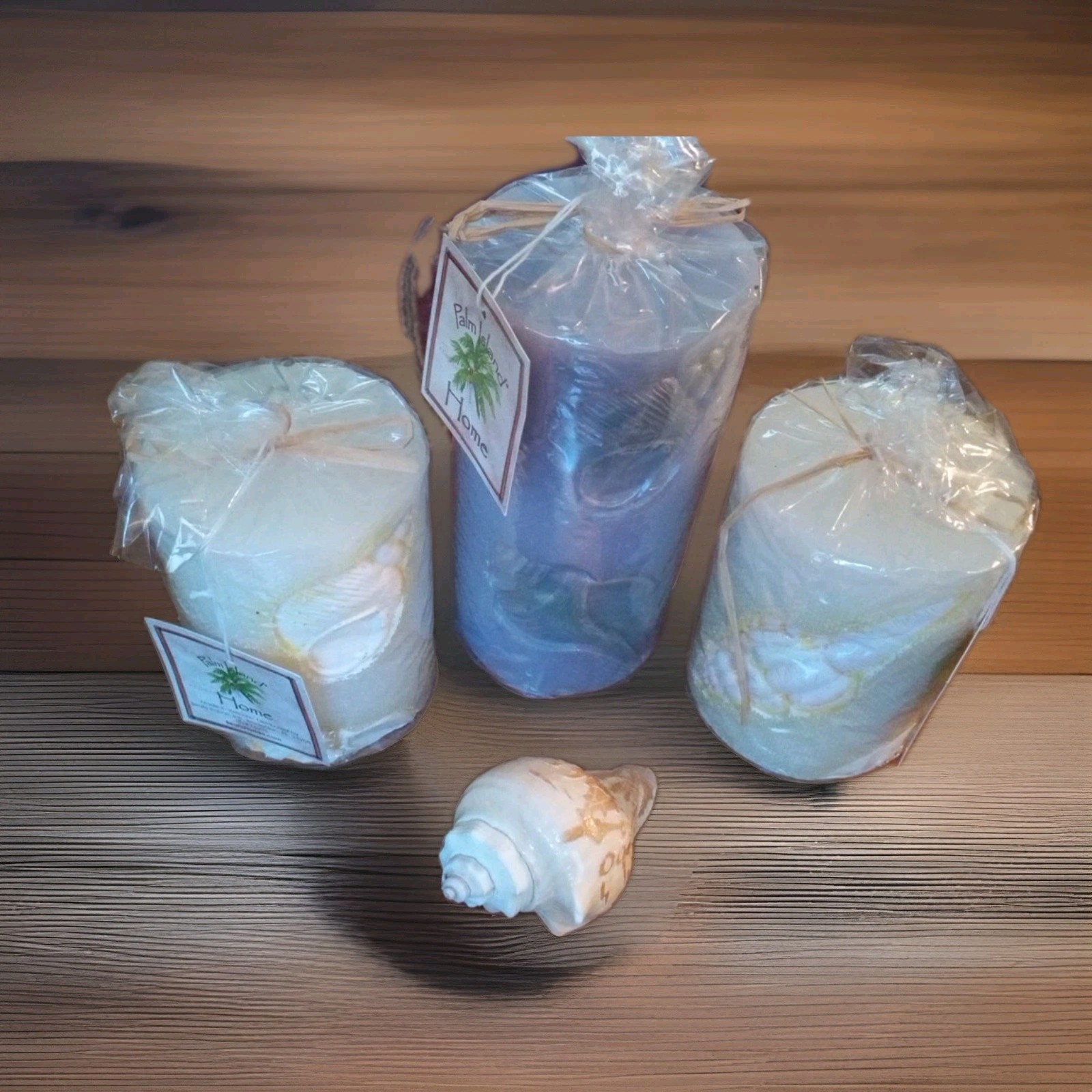 3 New Palm Island Home Florida Candles W/ 3″ Conch Shell Beach Ocean Bathroom