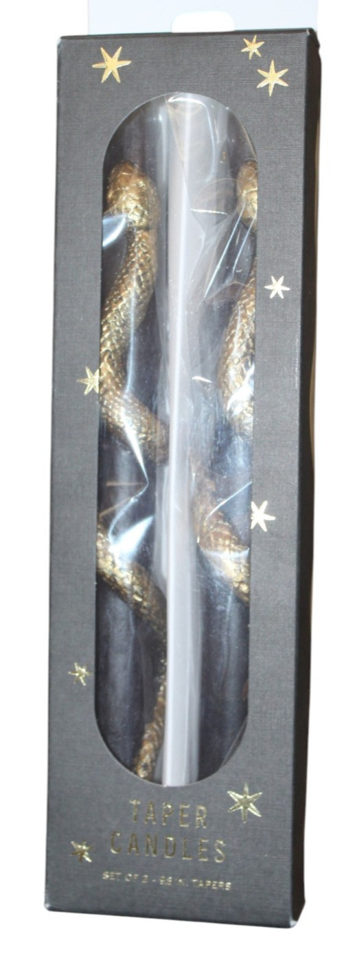 Anthropologie Halloween Snake Taper Candles Set Of 2 Black & Gold 9.8″ NIB