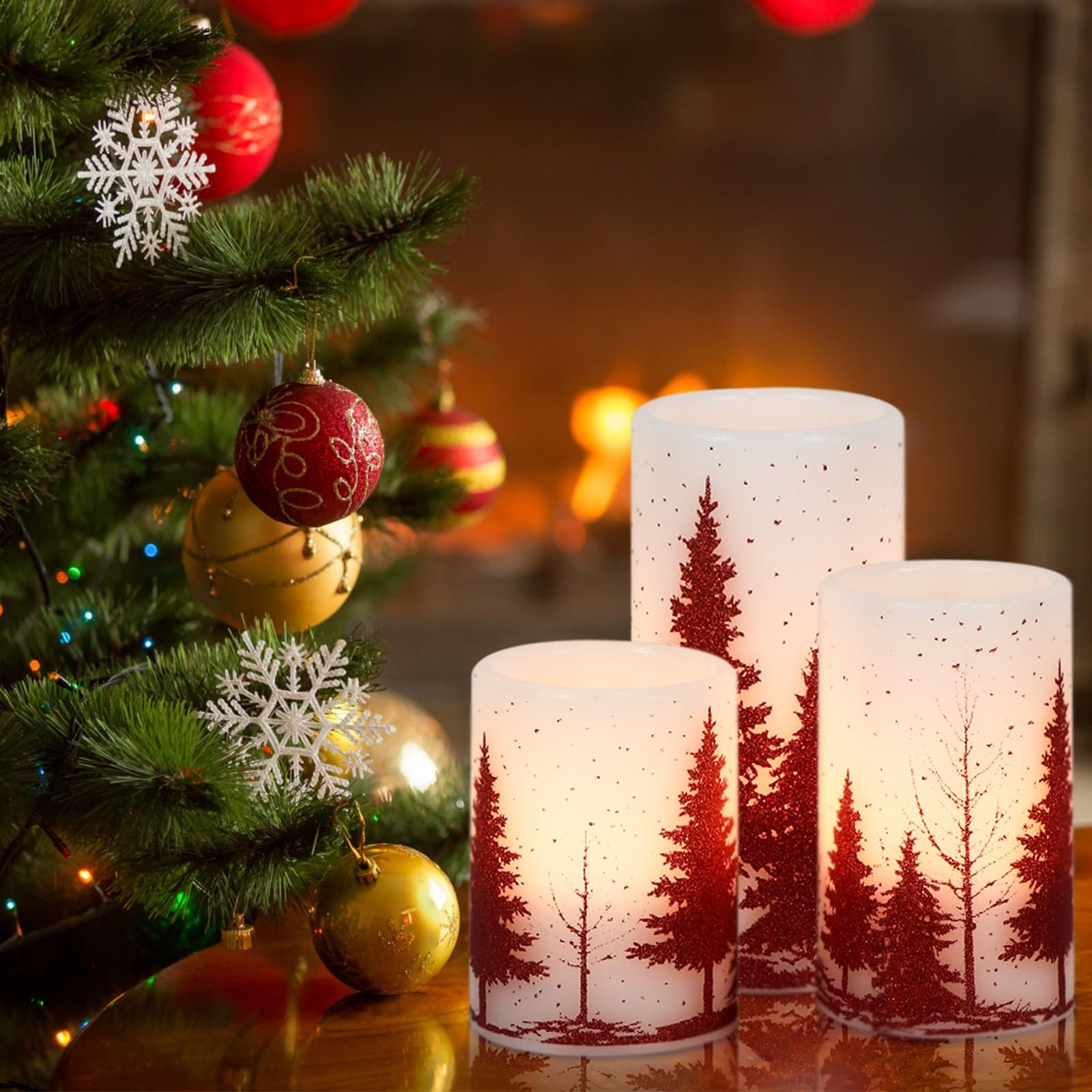 Flameless Candles 3 Pack 3×4/5/6 Inches Red Christmas Tree Decal – 6 Hour Timer