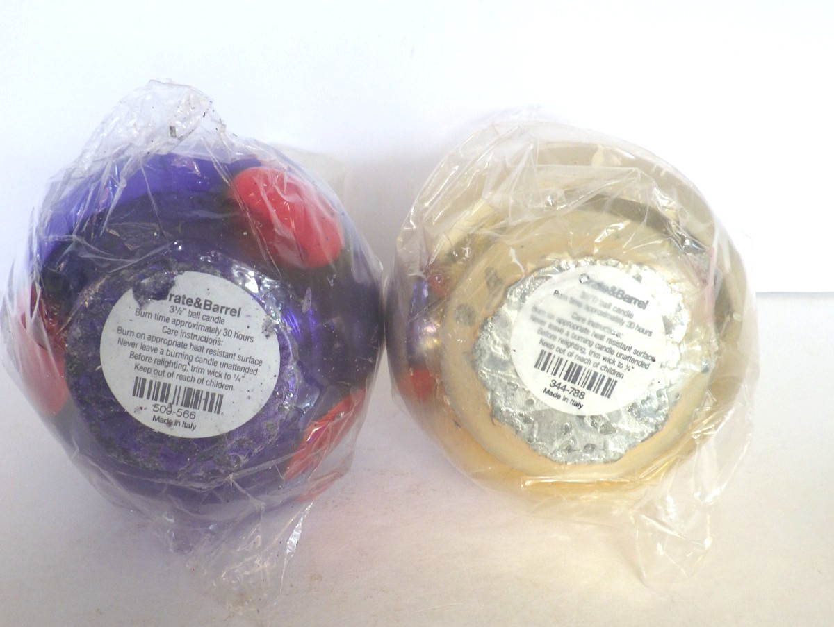 Crate & Barrel 3 1/2″ Christmas Ball Candles Set of 2 New Made in Italy