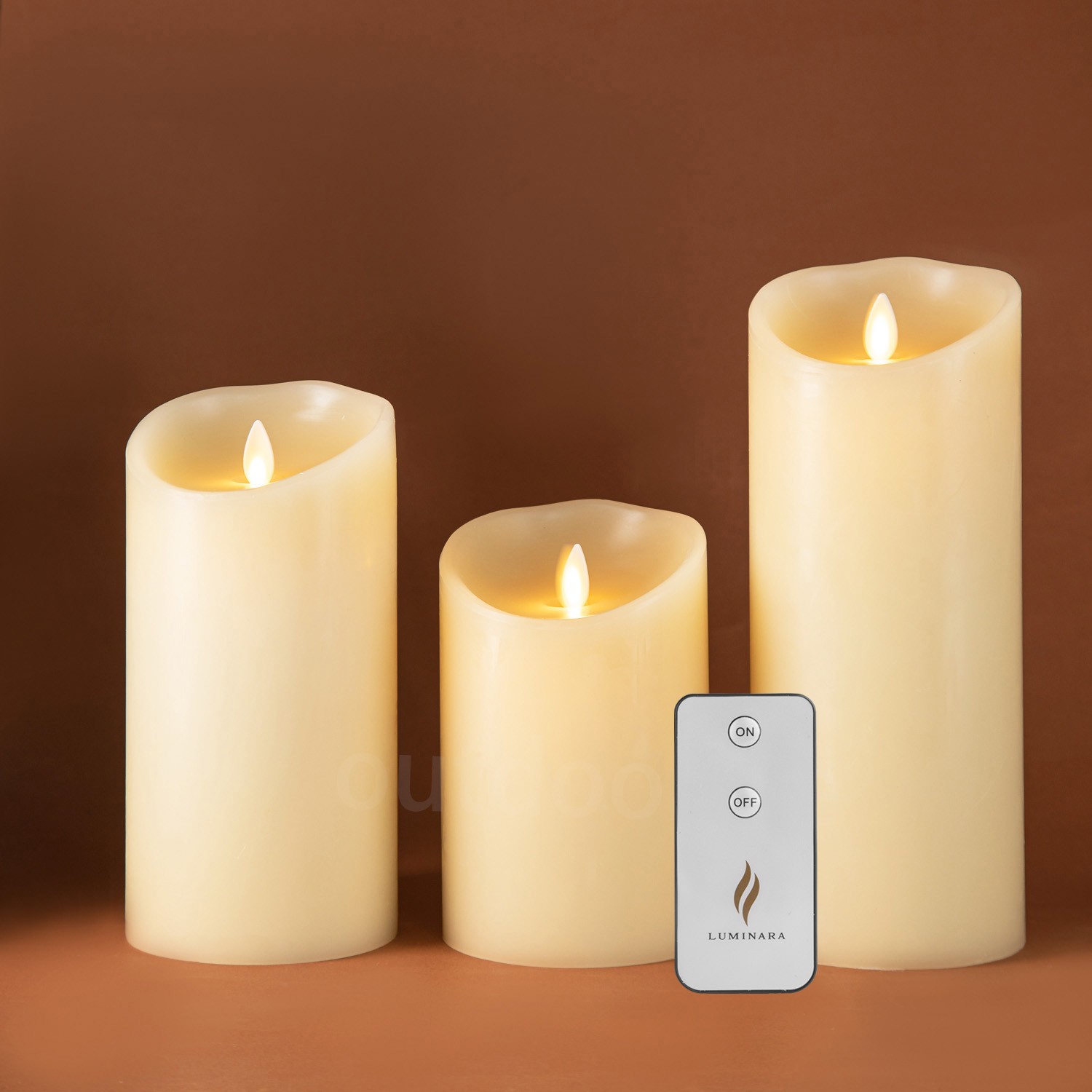 Luminara Flameless Pillar Wax Candles with Moving Flame Remote Ivory Set of 3