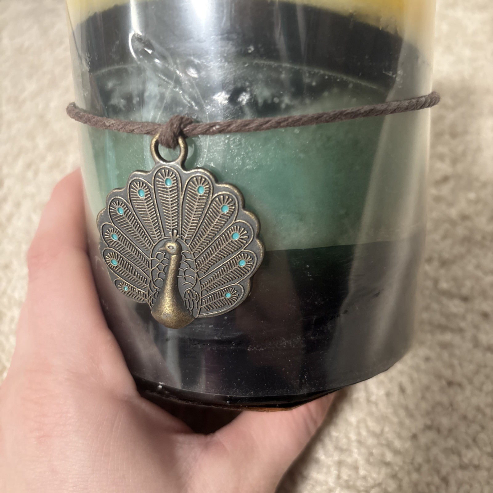 PIER1 Imports Scented 4” X 4” Candle Peacock Metal Charm Oakwood & Fern