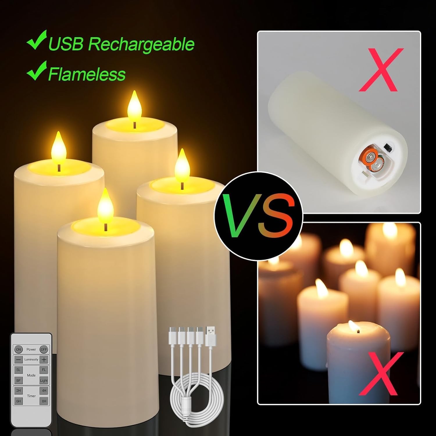 Flameless LED Candles, 4-Pack USB Rechargeable, Flickering Waterproof White Pill