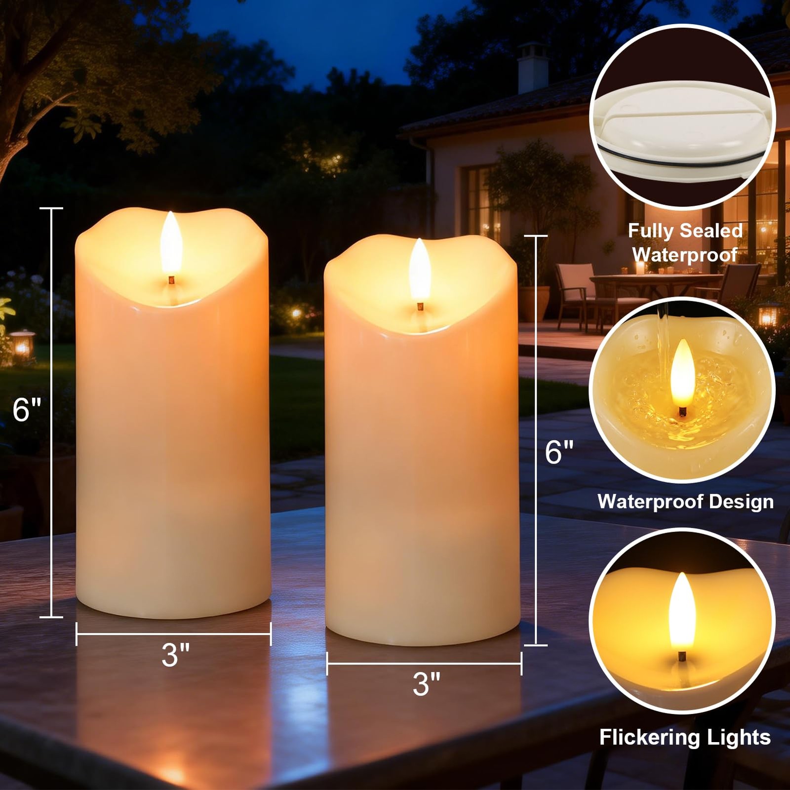 Lasumora 30+Hrs Solar Candles Outdoor Waterproof, 2 PCS 3″ x 6″