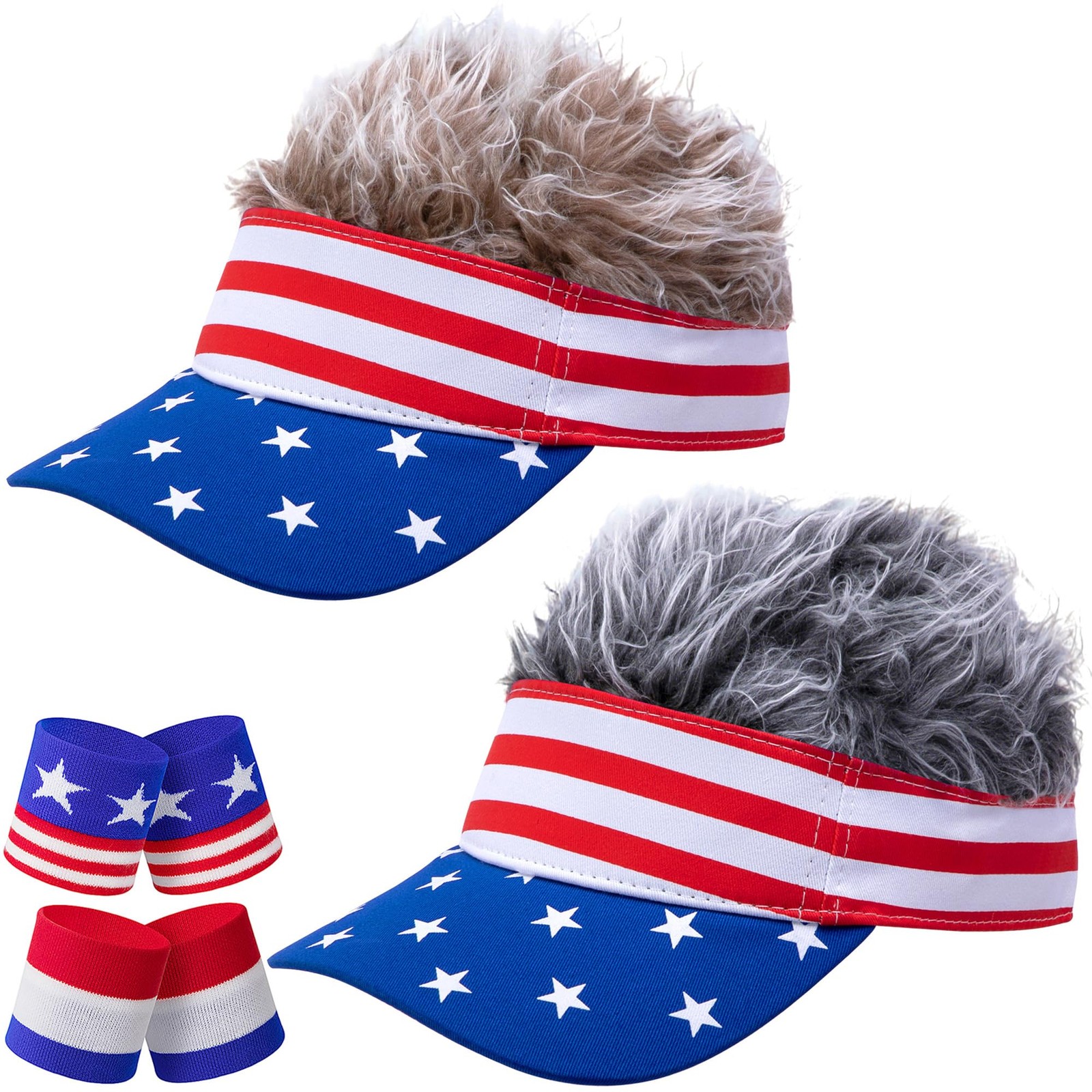 SHANGXING 2 Sets American Flag Visor Cap Wig, 4th of July Fake Hairs Visor Ha…
