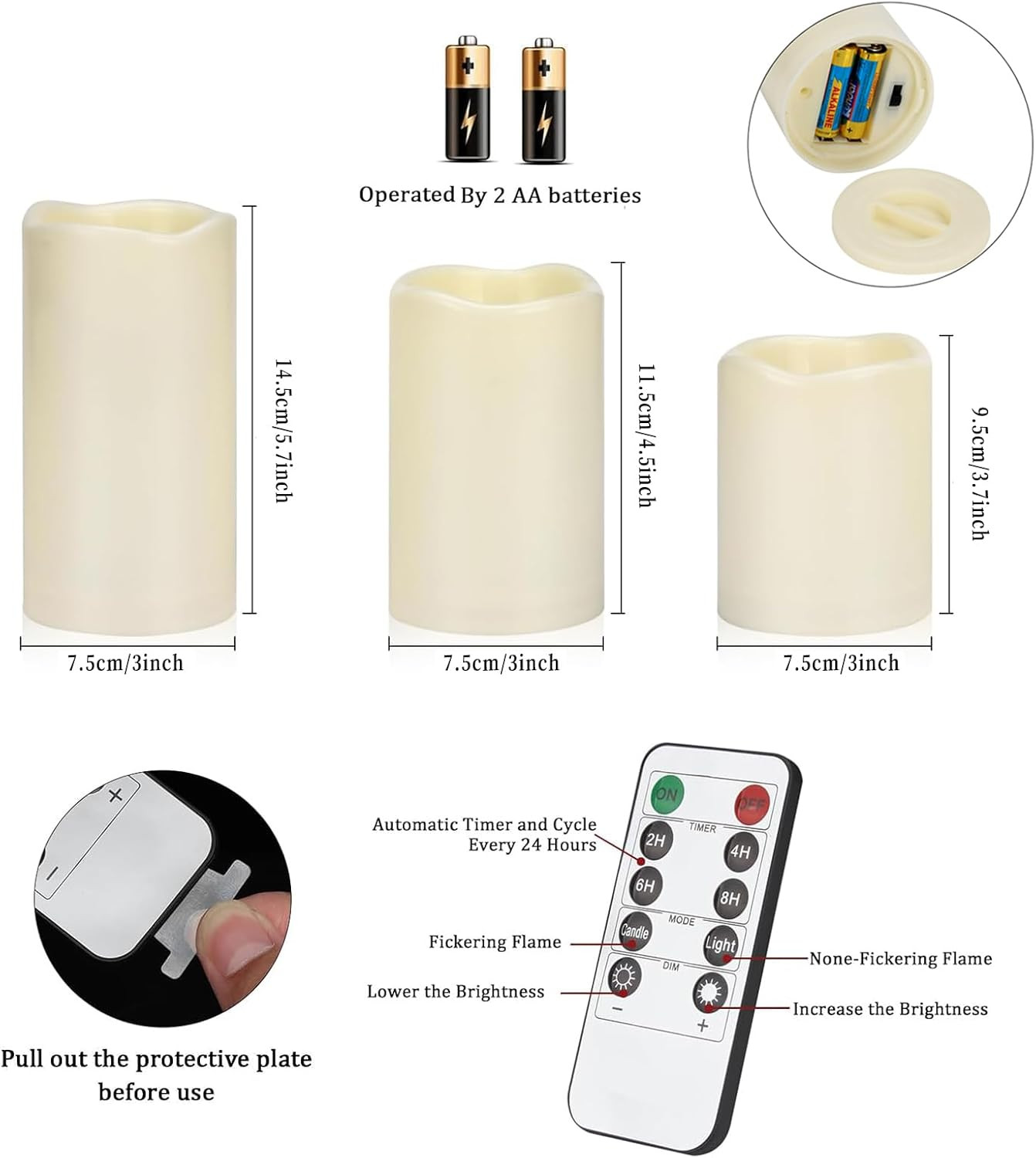 Flameless Candles 4″ 5″ 6″ Set of 3 Ivory Outdoor Indoor Pillars 3″ Diameter Bat