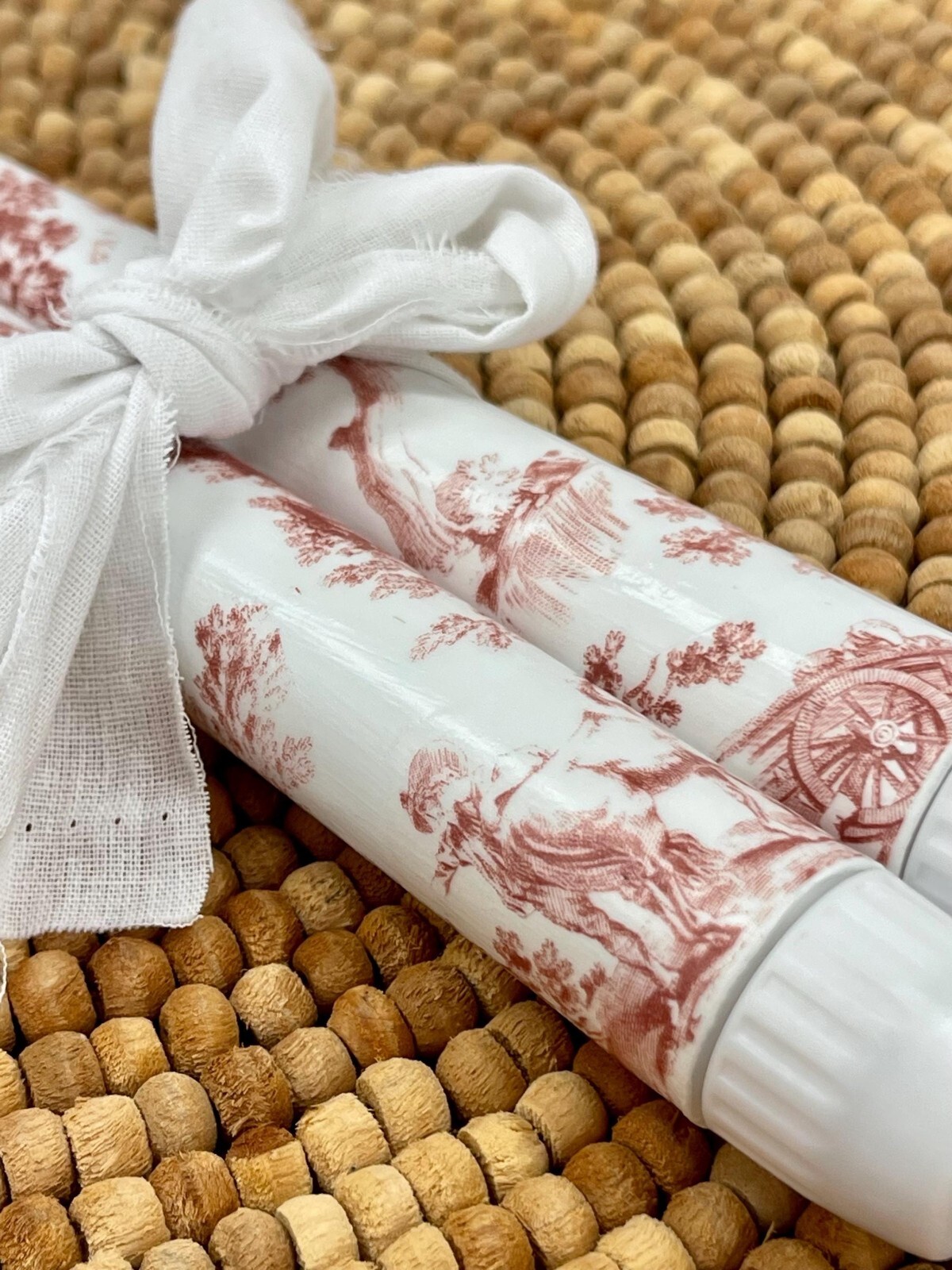 Traditional Reddish Brown Toile Taper Candles Set of Two Battery Operated