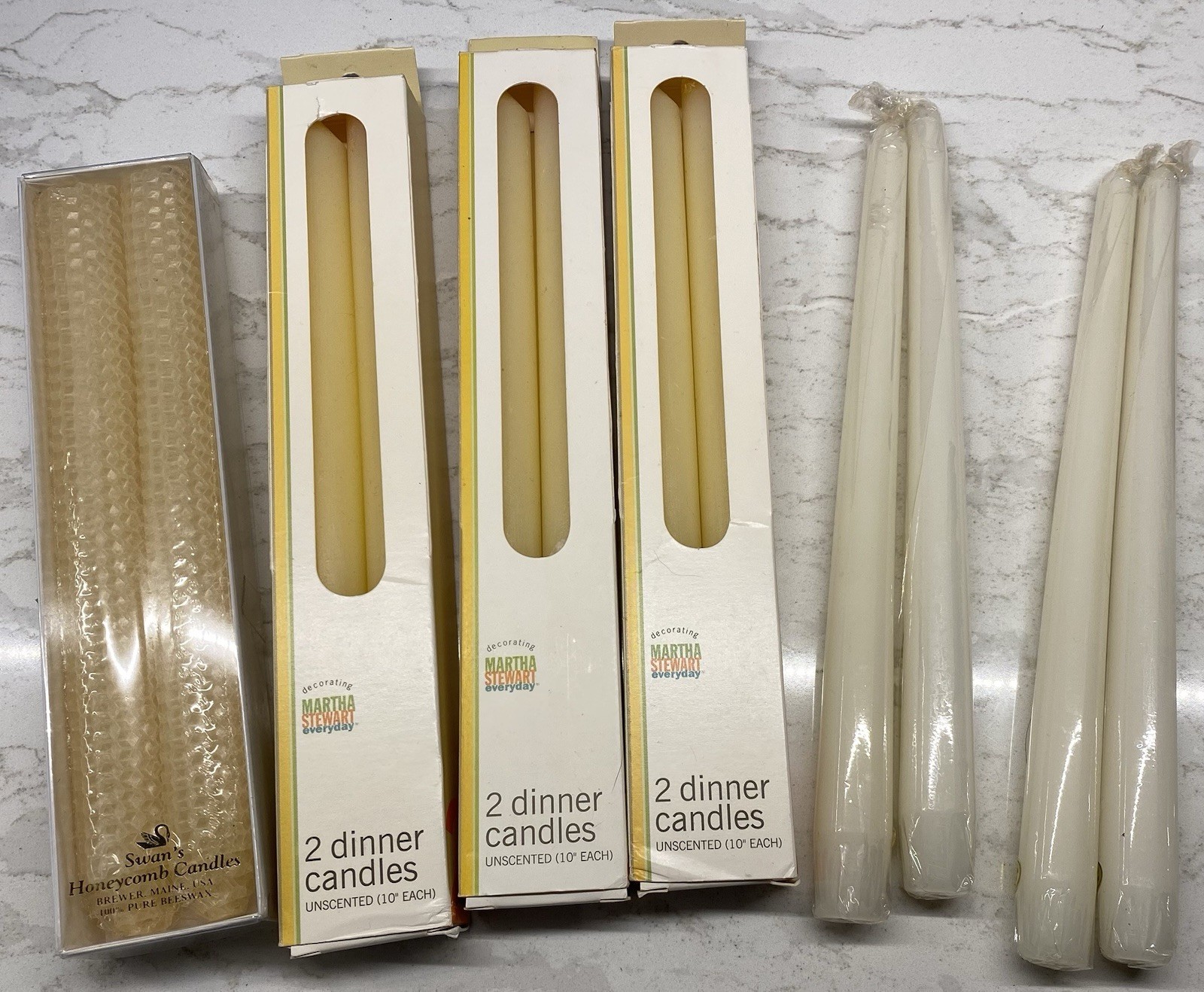 Taper Candle Sets Ivory- 1 Swan’s Honeycomb 9”, 3 Martha Stewart 10”, 2 Generic