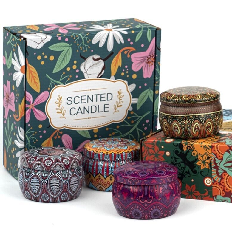Aromatic Therapy Candles Assorted 4 Scents Tin Hard Can Deluxe Gift Box No Smoke