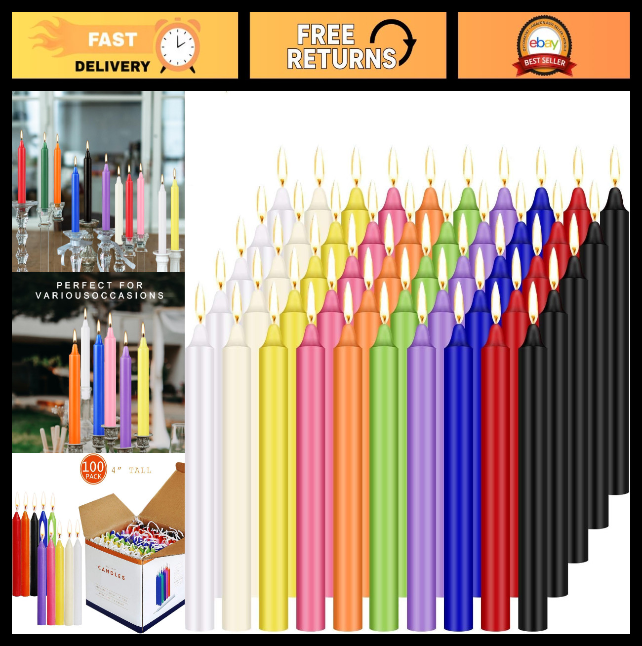 100 Pack Mini Taper Candles – 4 Inch Assorted Color Spell Chime Candles for Home