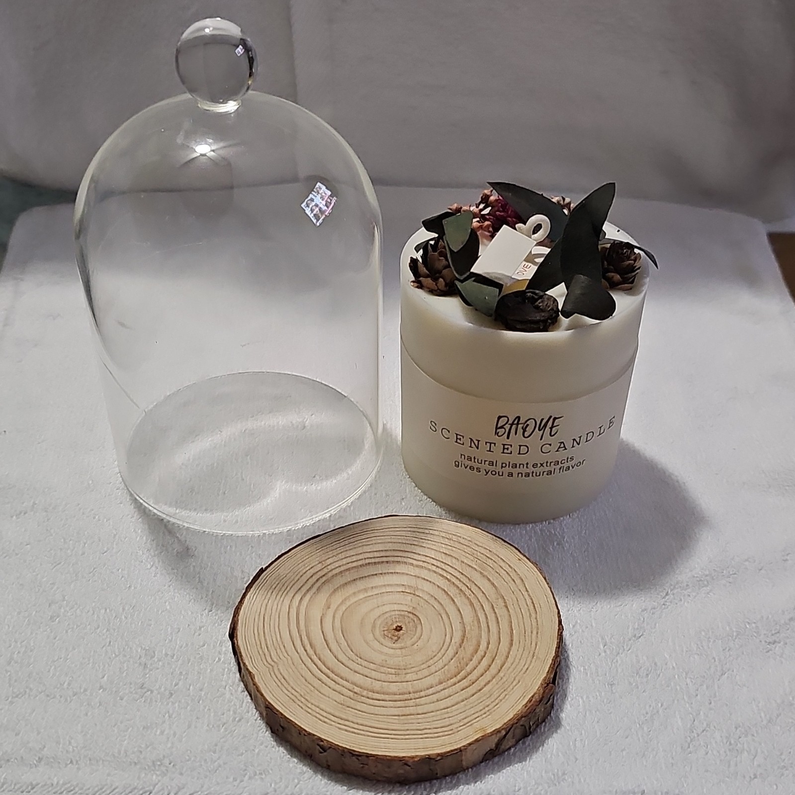 BAOYE Botanical Scented Candle with Cloche Glass Dome & Wood Base – Natural Soy