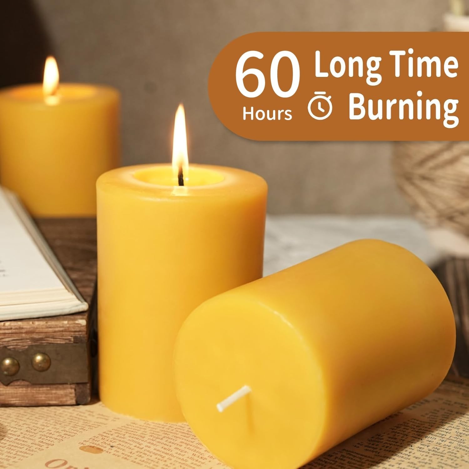 Capaniel Natural Beeswax Pillar Candles, 2 Pack, 3 x 4 Inch, 120 Hours Total