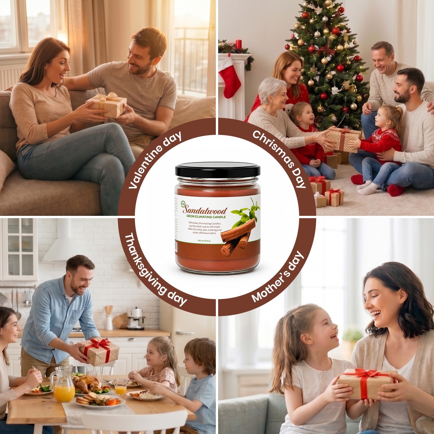 FPN Smoke Scented Odor Eliminating Candles Natural Soy Wax Candle Sandalwood-2Ct