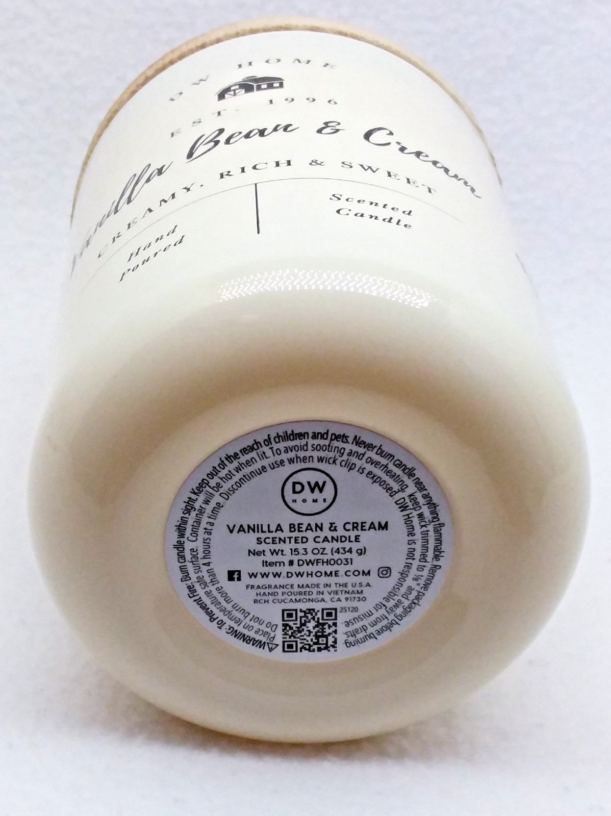 1 x 15.3 oz. DW Home VANILLA BEAN & CREAM 2-Wick Large Jar Candle Burn up 56 hrs